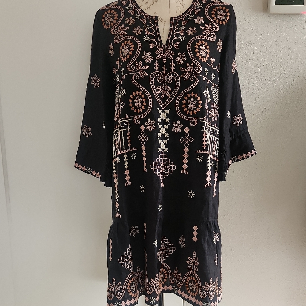 Johnny Was Black Dress with Vibrant Embroidery
